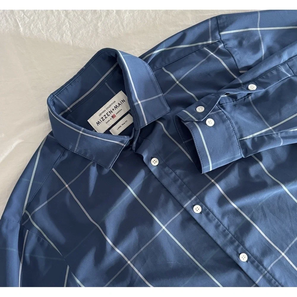 Mizzen + Main Blue Check Sz Large Trim‎ Fit Leeward Collection Long Sleeve Shirt